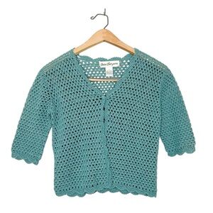 Vintage Norm Thompson Crochet Knit Cardigan Sweater Teal Linen Cotton Blend S
